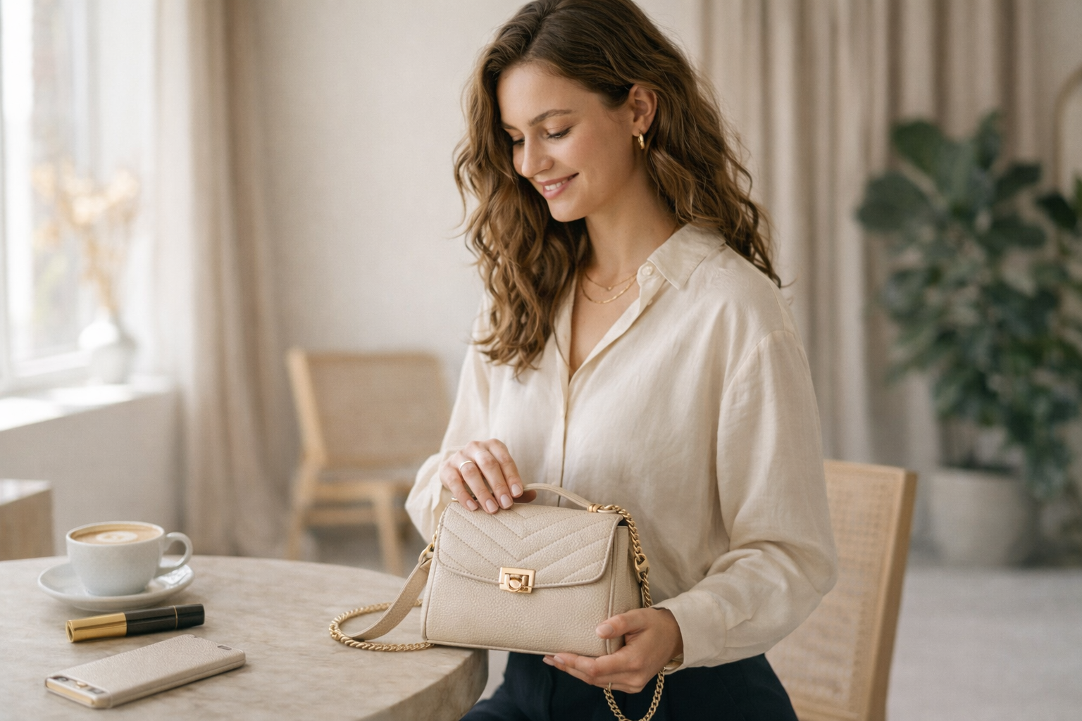 Fondatrice con La Dolce Vita Mini Bag in studio