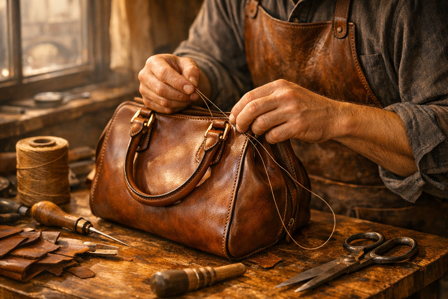 Mani artigiane che lavorano una borsa in pelle