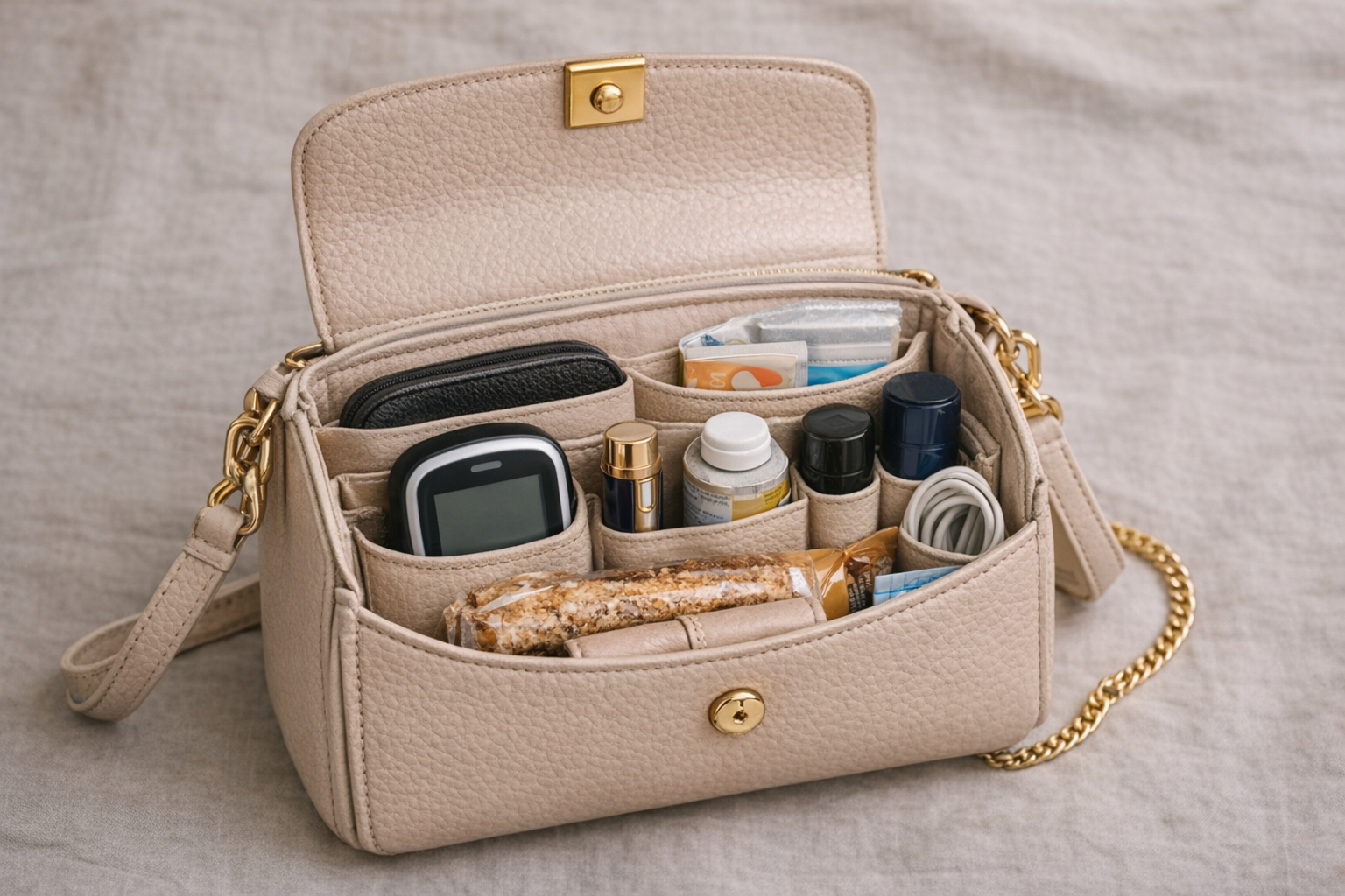 Interno della mini bag con tasche organizzate